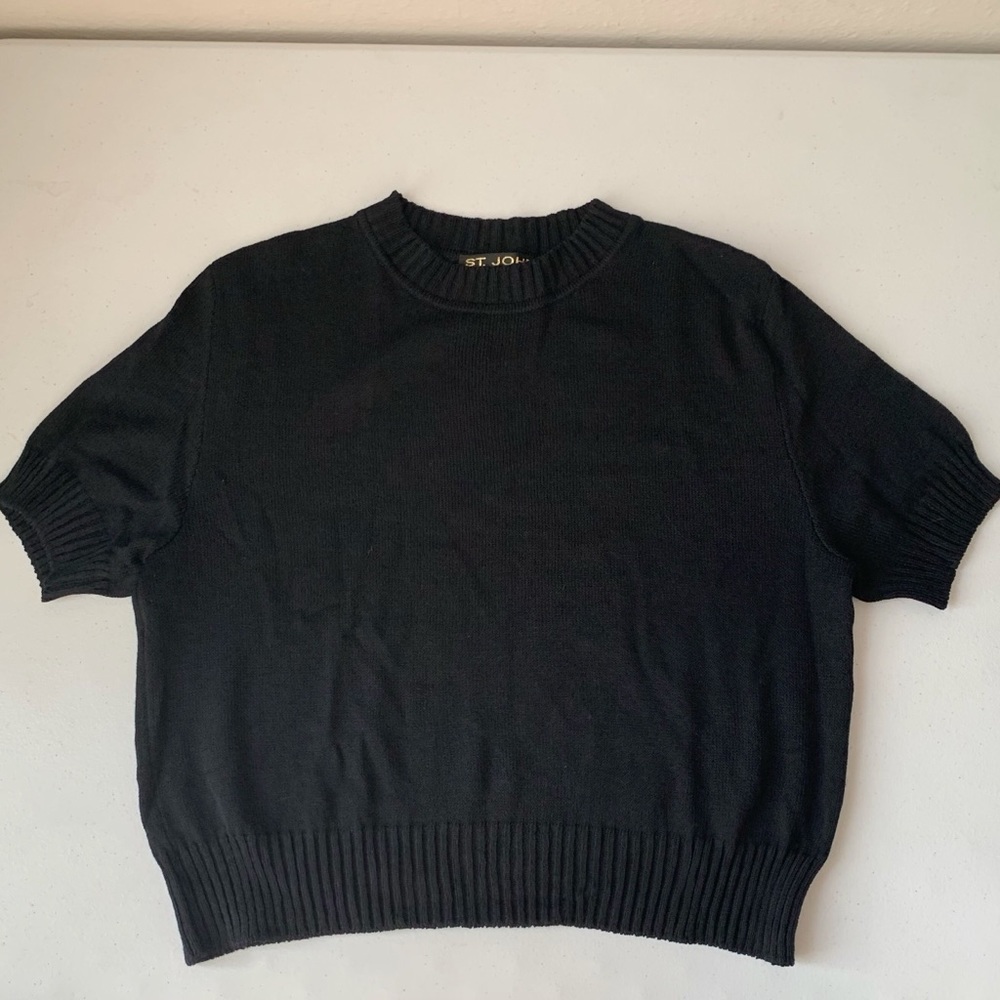 ST JOHN BASICS Black Santana Knit Short Sleeve Top Blouse